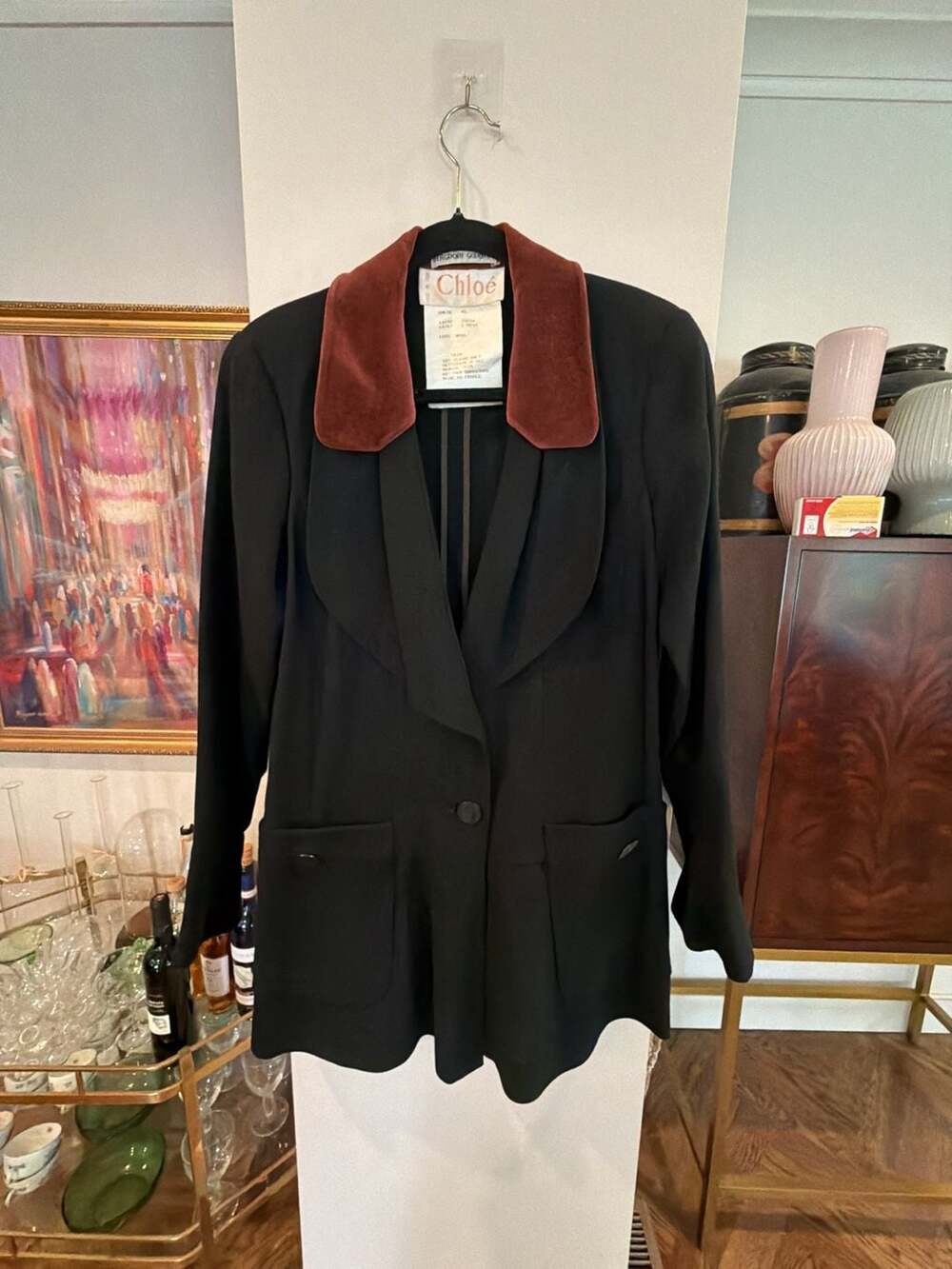 Vintage Chloe French Made Black Wool Blazer with Velvet Collar